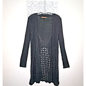 BELLDINI Women's size LARGE Open Front Sweater Cardigan Eyelet Knit Dark GRAY